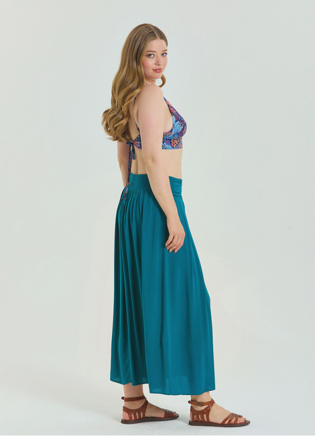 Elastic Waist Drape Detailed Petrol Plus Size Skirt 4601